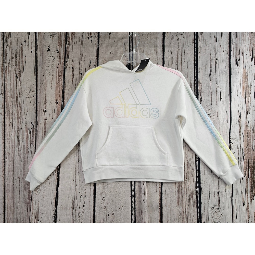 Adidas Hoodie Kids Size 7/8 White Rainbow Pastel Logo Stripes Loose Fit NWT new